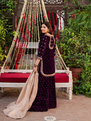 WINE DESIGNER PARTY WEAR HEAVY VISCOSE VELVET TOP WITH SHARARA