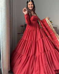 Red Designer Party Wear Faux Georgette Ruffle Style Gown