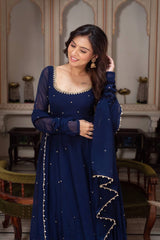 Navy Blue Faux Georgette With Handwork Gown Set