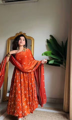 Orange Color Heavy Fendy Silk Fabric Sequence Work Anarkali Set