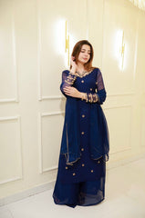 Blue Faux Georgette Embroidery With Thread Work Palazzo Suit