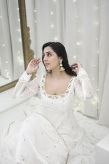 White Designer Faux Georgette With Hand Work & Fancy Lace Gown