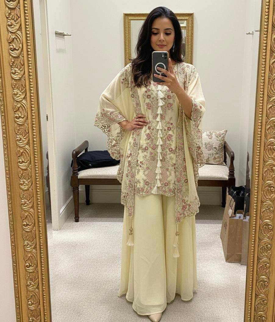 CREAM DESIGNER WEAR KURTA PLAZZO PAIR WITH SHRUGS IN SEQUENCE EMBROIDERY WORK