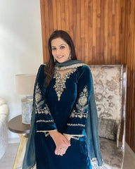 VELVET DESIGNER WEAR KURTA PLAZZO PAIR WITH EMBROIDERY WORK