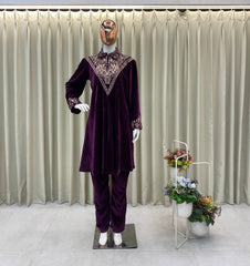 EMBROIDERY WORK WITH SEQUENCE & VELVET DESIGNER WEAR KURTA PLAZZO SET