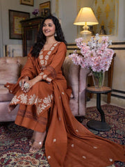 Rust Orange Floral Designer Embroidered Thread Work Kurta Pant With Dupatta Set