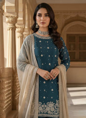 Teal Blue Organza Silk Sequence Work Designer Palzoo Suit