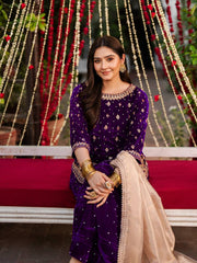 PURPLE DESIGNER PARTY WEAR HEAVY VISCOSE VELVET TOP WITH SHARARA