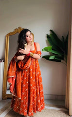 Orange Color Heavy Fendy Silk Fabric Sequence Work Anarkali Set