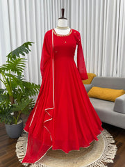 RED COLOR HAND WORK & LCD STONE WORK ANARKALI SUIT WITH DUPATTA