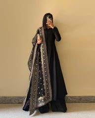 Black Colour Sequence & Thred Work Plazoo & Embroidered Work Dupatta