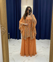 PEACH DESIGNER WEAR KURTA PLAZZO PAIR WITH SHRUGS IN SEQUENCE EMBROIDERY WORK