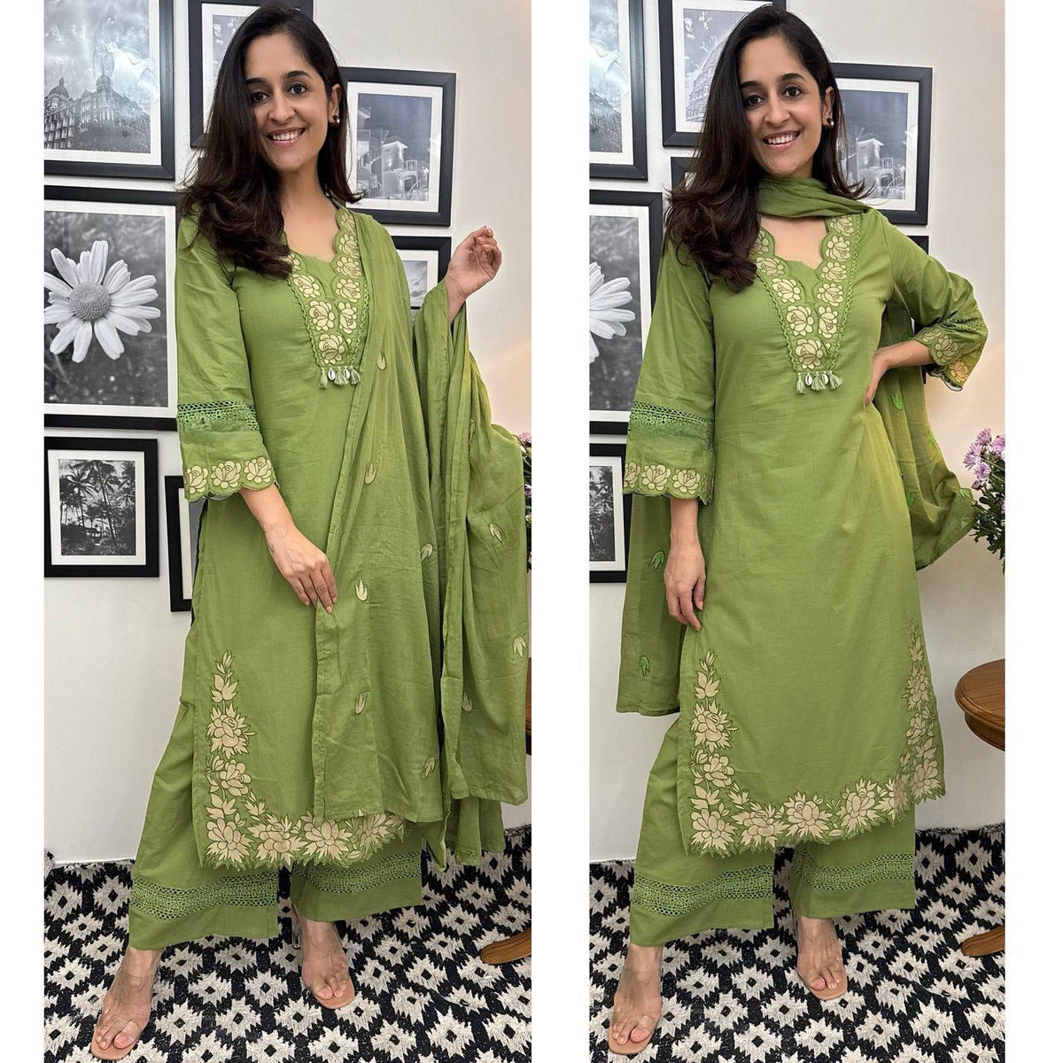 Pista Green Floral Designer Embroidered Thread Work Kurta Pant With Dupatta Set