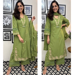 Pista Green Floral Designer Embroidered Thread Work Kurta Pant With Dupatta Set