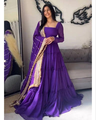 Purple Designer Party Wear Faux Georgette Ruffle Style Gown