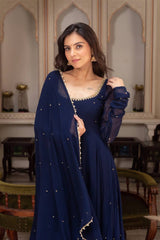 Navy Blue Faux Georgette With Handwork Gown Set