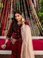 MARRON DESIGNER PARTY WEAR HEAVY VISCOSE VELVET TOP WITH SHARARA