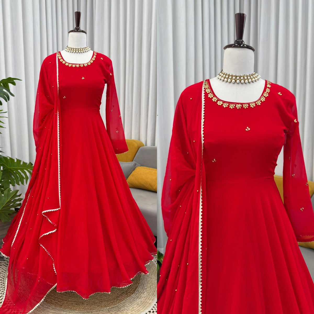 RED COLOR HAND WORK & LCD STONE WORK ANARKALI SUIT WITH DUPATTA