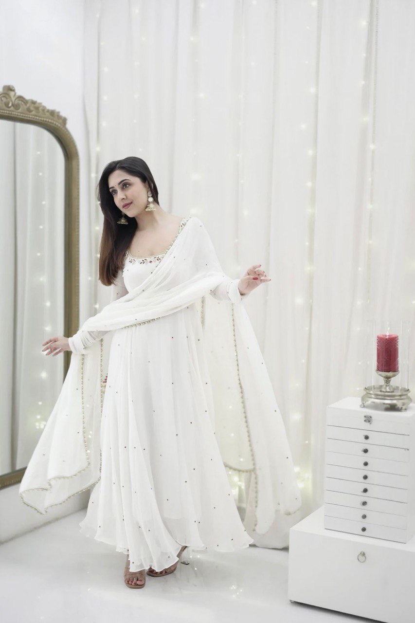 White Designer Faux Georgette With Hand Work & Fancy Lace Gown