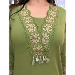 Pista Green Floral Designer Embroidered Thread Work Kurta Pant With Dupatta Set