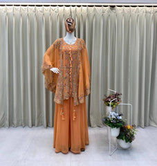 PEACH DESIGNER WEAR KURTA PLAZZO PAIR WITH SHRUGS IN SEQUENCE EMBROIDERY WORK