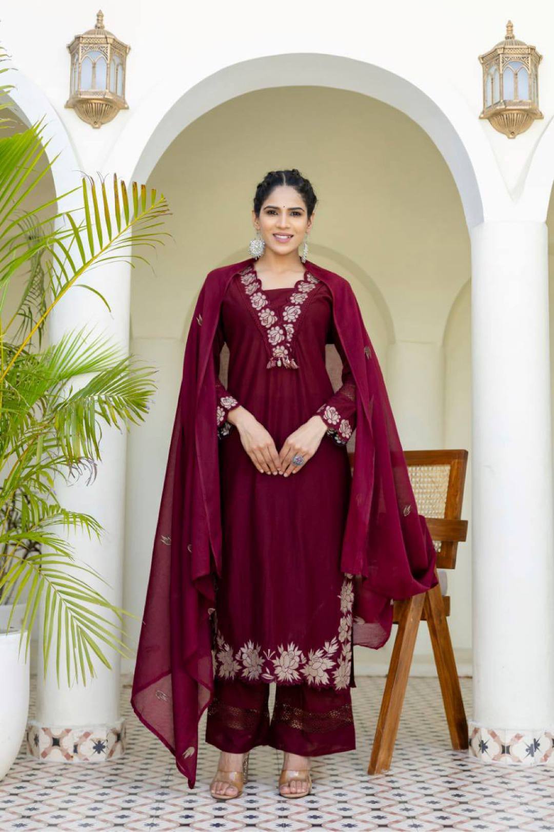 Maroon Floral Designer Embroidered Thread Work Kurta Pant With Dupatta Set