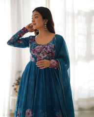 Rama Anarkali With Floral Printed