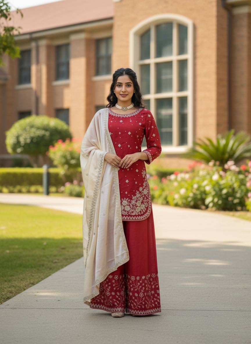Red Organza Silk Sequence Work Designer Palzoo Suit