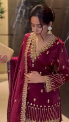 Designer Maroon Jimmy Choo Fabric Thread With Sequence Work Palazzo Suit