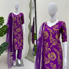 Purple Jacquard Silk Fabric Suit with Crepe Pant and Soft Net Dupatta