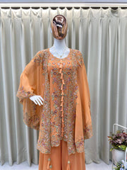 PEACH DESIGNER WEAR KURTA PLAZZO PAIR WITH SHRUGS IN SEQUENCE EMBROIDERY WORK