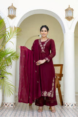 Maroon Floral Designer Embroidered Thread Work Kurta Pant With Dupatta Set