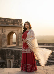 Red Organza Silk Sequence Work Designer Palzoo Suit