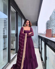 Wine Designer Party Wear Faux Georgette Ruffle Style Gown