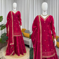 Designer Maroon Jimmy Choo Fabric Thread With Sequence Work Palazzo Suit
