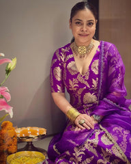 Purple Jacquard Silk Fabric Suit with Crepe Pant and Soft Net Dupatta