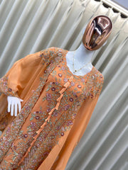 PEACH DESIGNER WEAR KURTA PLAZZO PAIR WITH SHRUGS IN SEQUENCE EMBROIDERY WORK