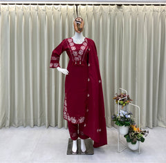 Maroon Floral Designer Embroidered Thread Work Kurta Pant With Dupatta Set