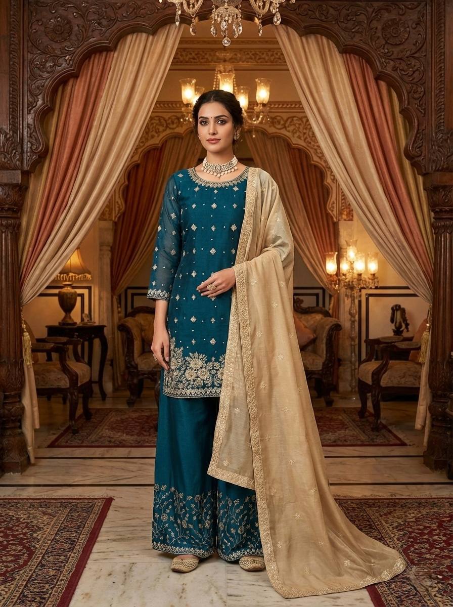 Teal Blue Organza Silk Sequence Work Designer Palzoo Suit