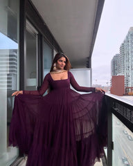 Wine Designer Party Wear Faux Georgette Ruffle Style Gown