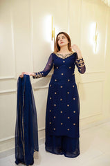 Blue Faux Georgette Embroidery With Thread Work Palazzo Suit