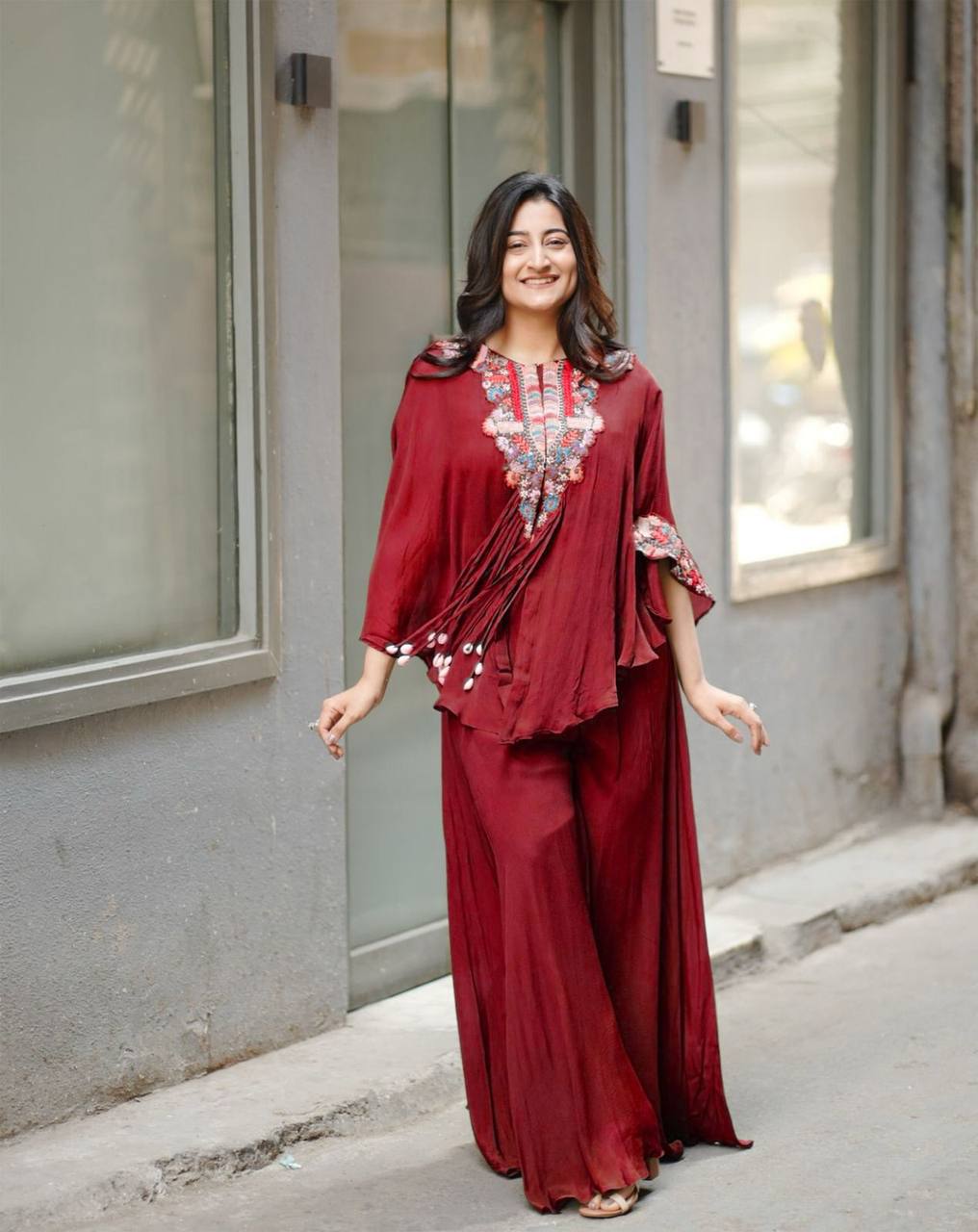 MARRON NEW TRENDY THREE PIECE INDO WESTERN WITH SEQUENCE EMBROIDERED WORK